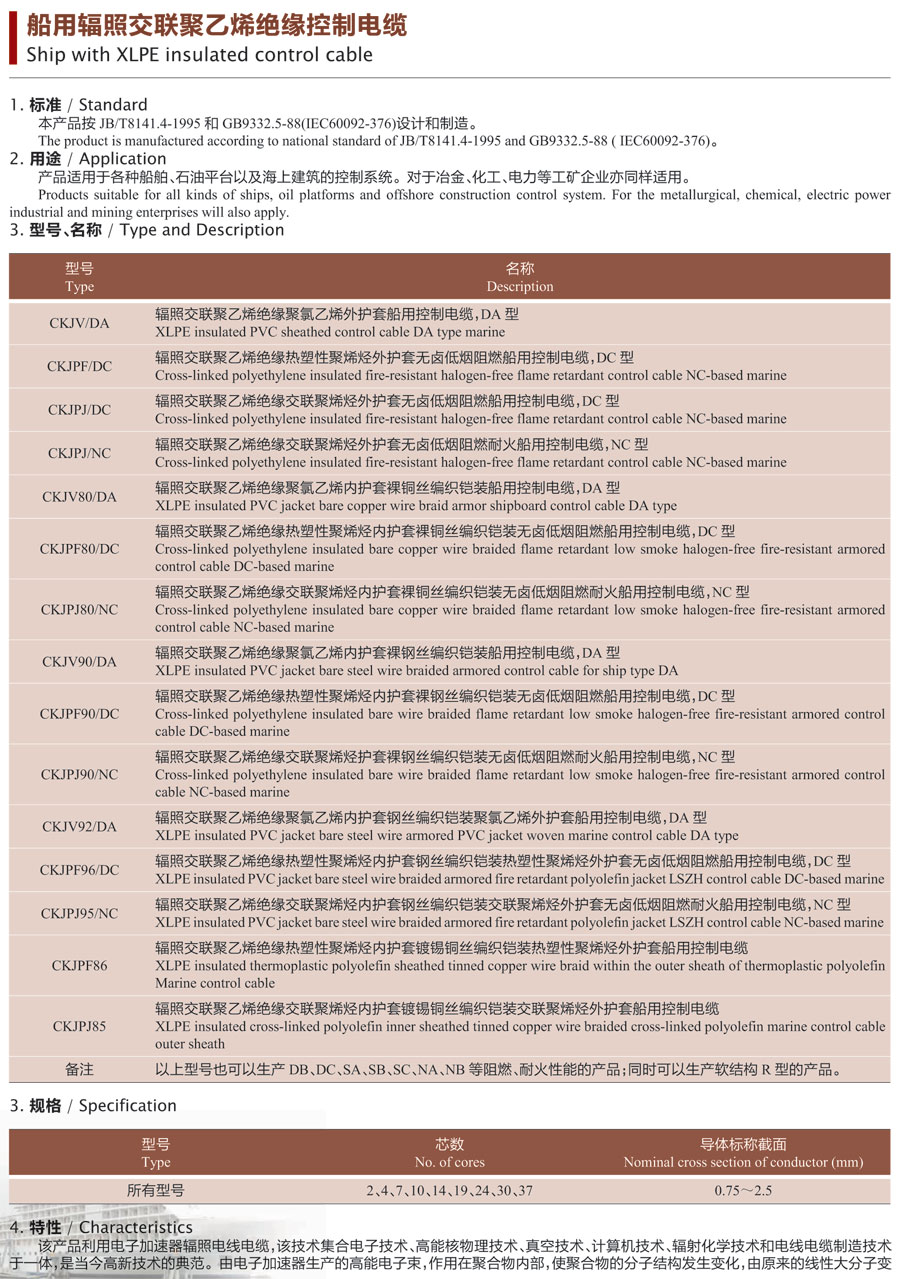 船用辐照交联聚乙烯绝缘控制电缆